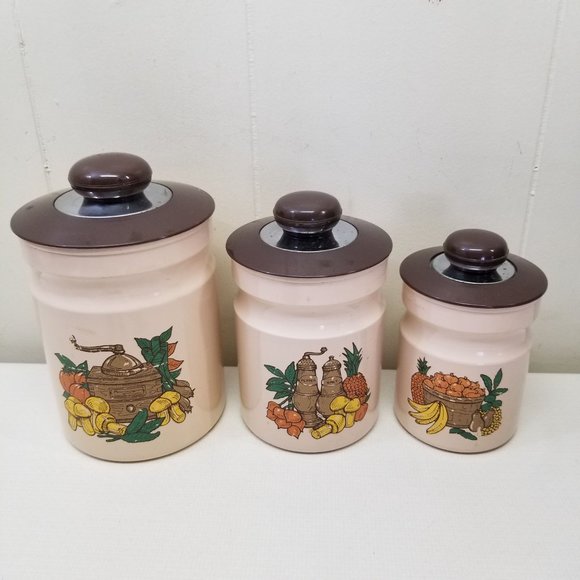 3 Kromex Canisters Lids Nesting Mushrooms Veggies Vintage 70s Decor - Picture 1 of 9